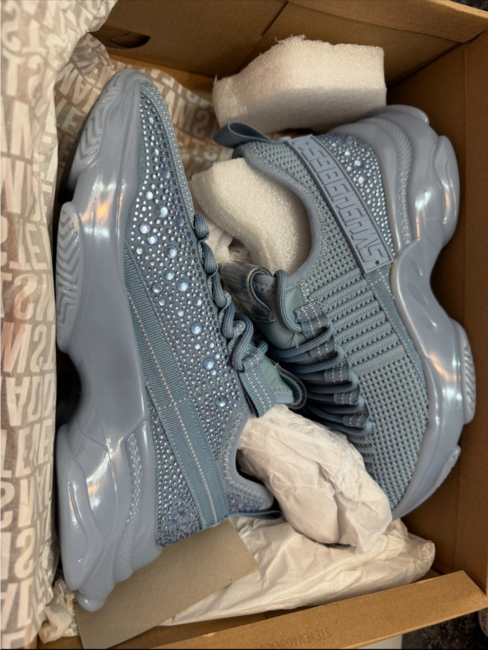 Steve Madden Women's Rhinestone Chunky Knit Sneaker in Dusty Blue
